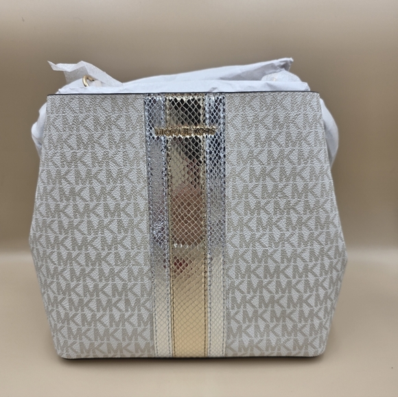 Michael Kors Handbags - Michael Kors Cream MK Monogram Medium Pratt with Gold & Silver Center Stripe